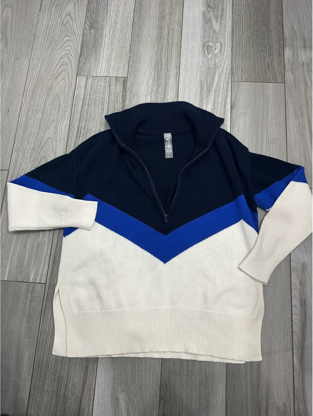 LOFT Women’s XS Colorblock Quarter Zip Cotton Sweater Navy Blue Cream